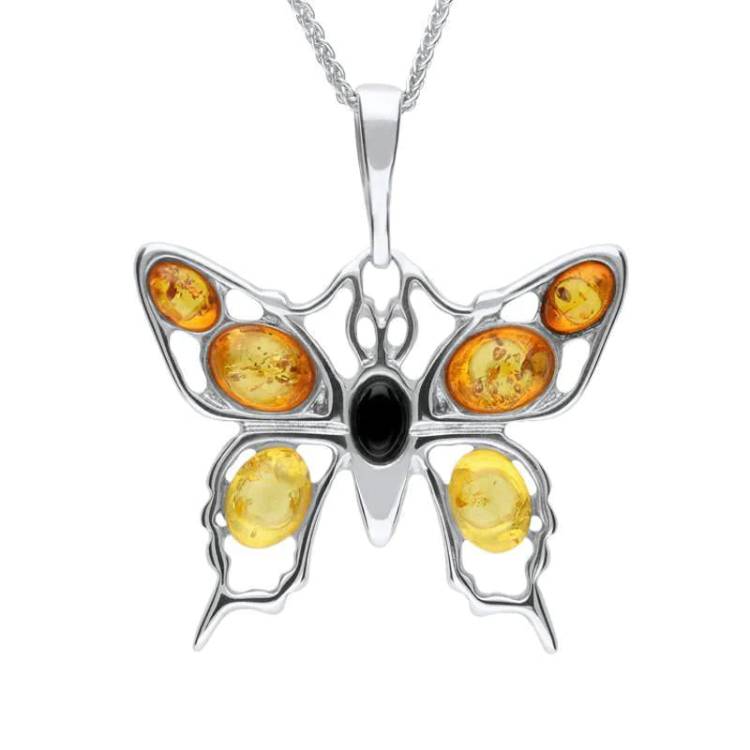 Sterling Silver Whitby Jet Amber Butterfly Necklace - Option1 Value Silver