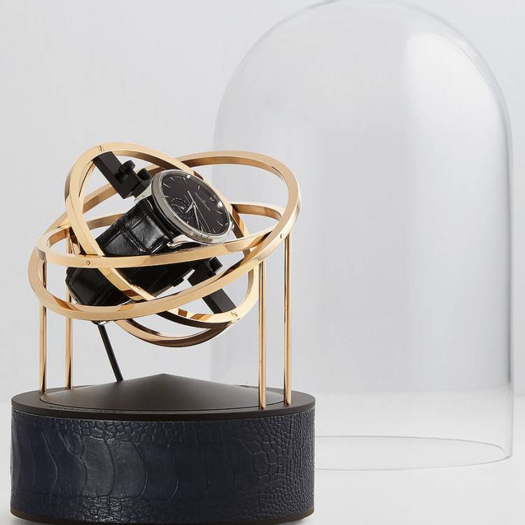 Bernard Favre Watch Winder Gold Rings Black Base & Black Ostrich Leather Limited Edition - Black