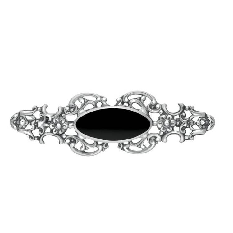 Sterling Silver Whitby Jet Heritage Oval Fancy Brooch - Silver