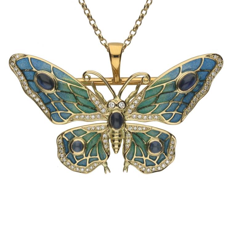 18ct Yellow Gold Diamond Moonstone Enamel House Style Butterfly Brooch Necklace