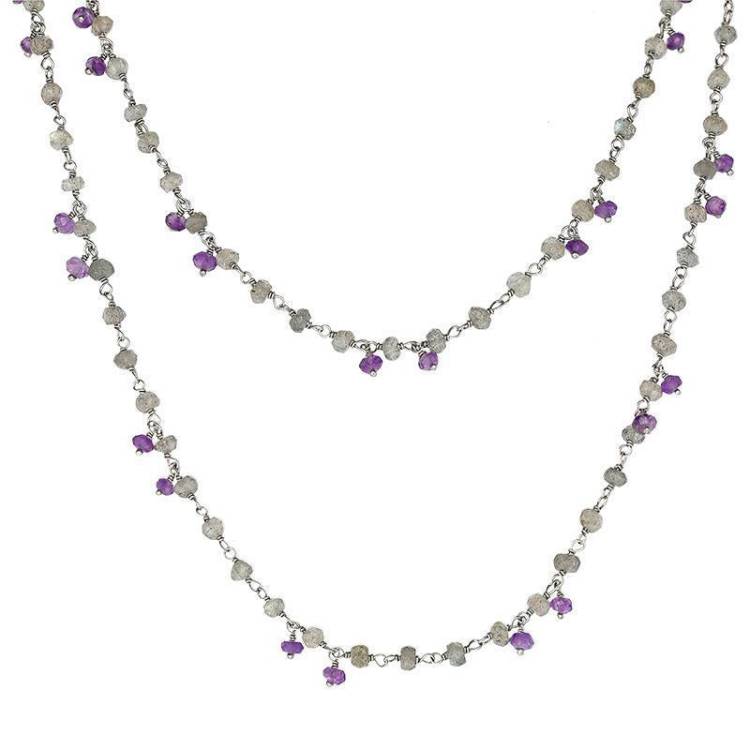 Sterling Silver Labradorite Amethyst 4mm Bead Chain Link Necklace