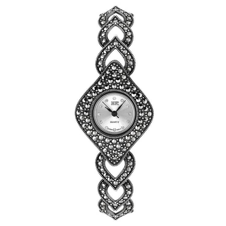 Sterling Silver Marcasite Hearts and Diamond Bracelet Watch