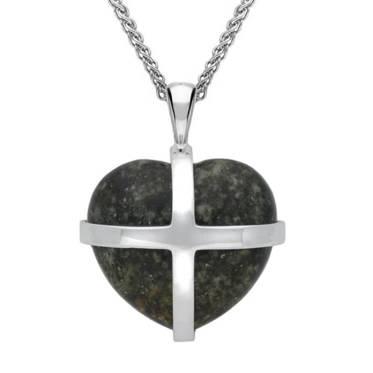 Sterling Silver Preseli Bluestone Medium Cross Heart Necklace