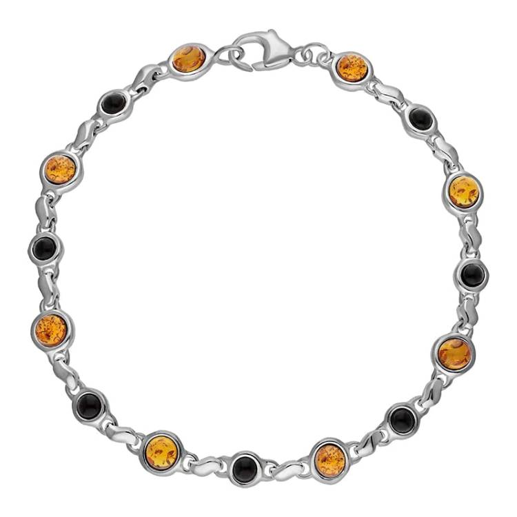 Sterling Silver Whitby Jet Amber Alternating Round Bead Bracelet - Silver