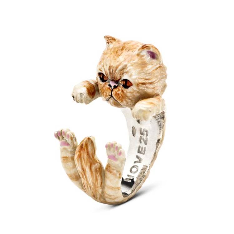 Cat Fever Sterling Silver Enamelled Beige Persian Hug Ring