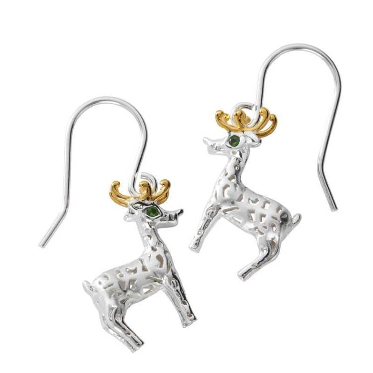 Yellow Gold Sterling Silver Plated Green CZ Reindeer Drop Earrings - Option1 Value Yellow Gold