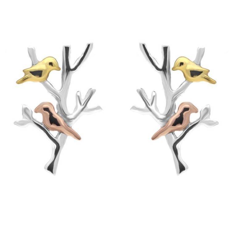 Yellow Rose Gold Sterling Silver Plated Partridge in a Pear Tree Stud Earrings - Option1 Value Silver