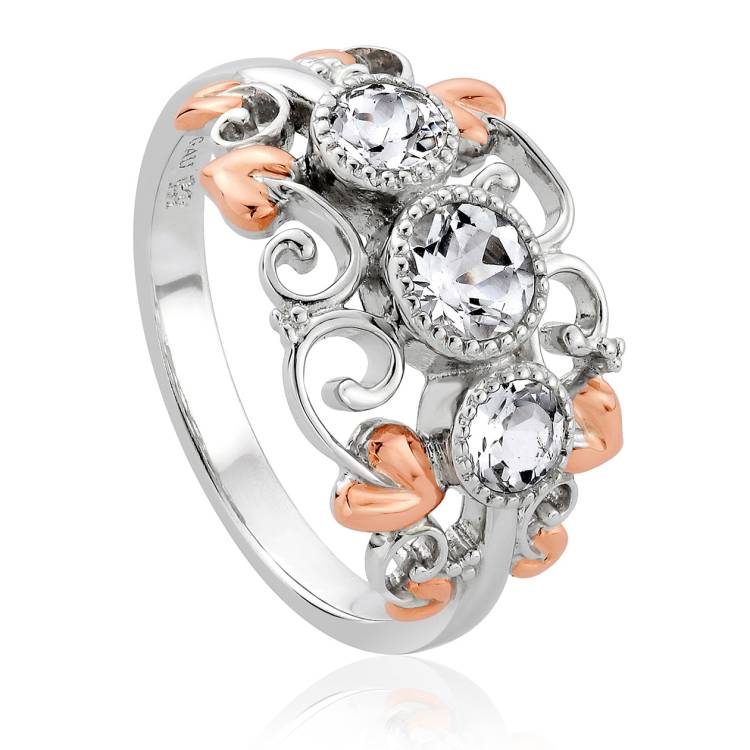 Clogau Tree of Life Sterling Silver 9ct Rose Gold White Topaz Trilogy Ring D - P