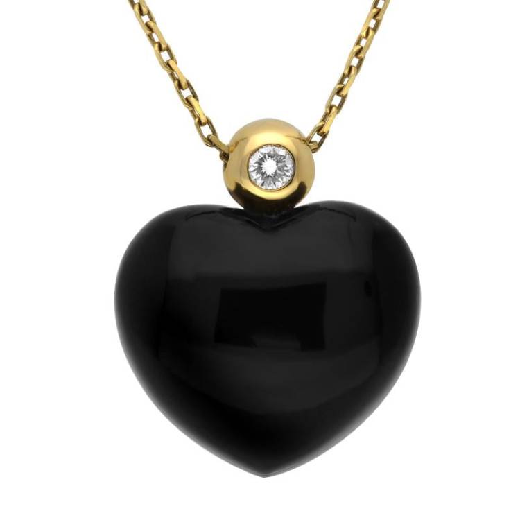 18ct Yellow Gold Whitby Jet 0.15ct Diamond Heart Necklace - Yellow Gold