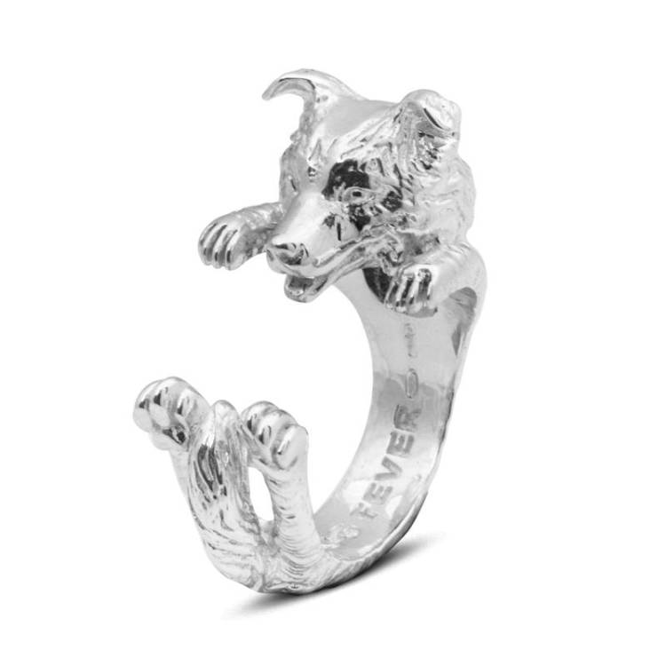 Dog Fever Sterling Silver Border Collie Hug Ring - XS