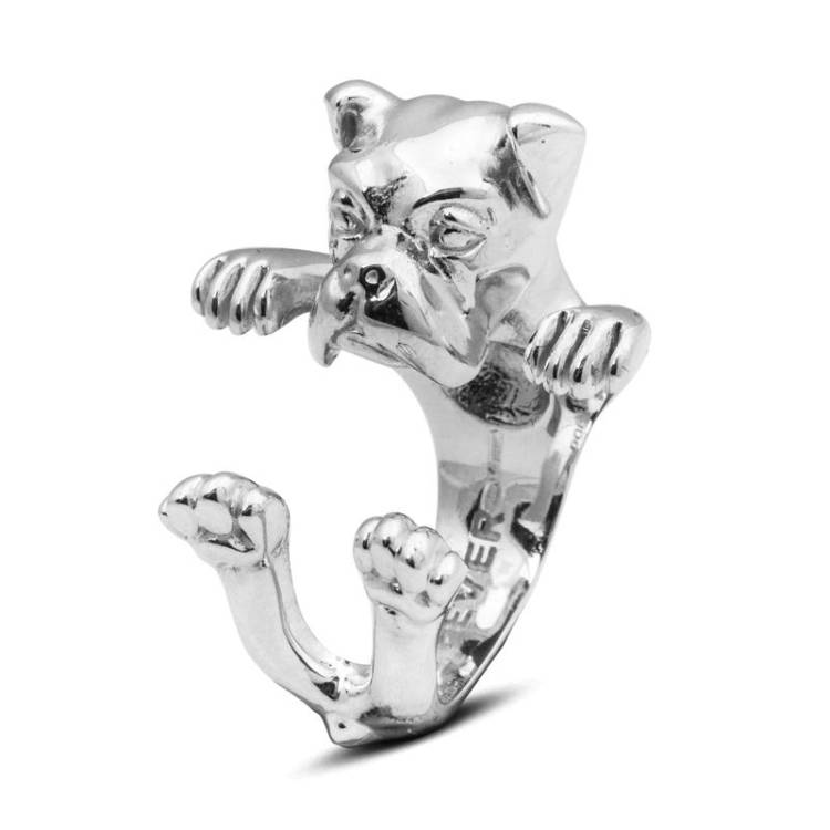 Dog Fever Sterling Silver Boxer Hug Ring - XL Silver
