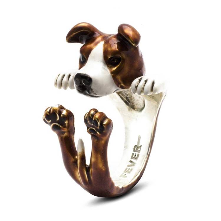Dog Fever Sterling Silver Enamelled American Staffordshire Hug Ring - S Silver