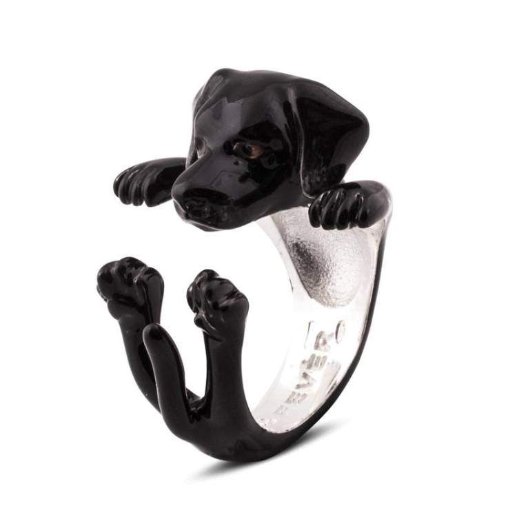 Dog Fever Sterling Silver Enamelled Black Labrador Retriever Hug Ring - S Silver