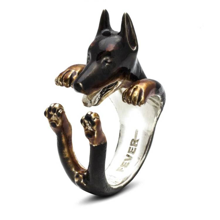 Dog Fever Sterling Silver Enamelled Doberman Hug Ring - XL Silver