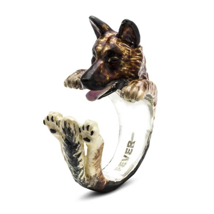 Dog Fever Sterling Silver Enamelled German Shepherd Hug Ring - L Silver