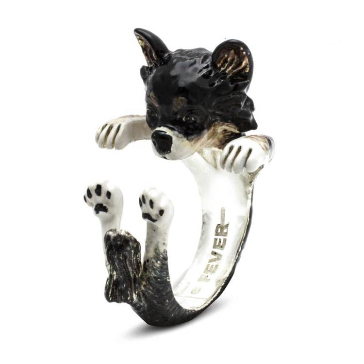 Dog Fever Sterling Silver Enamelled Long Haired Chihuahua Hug Ring - XS
