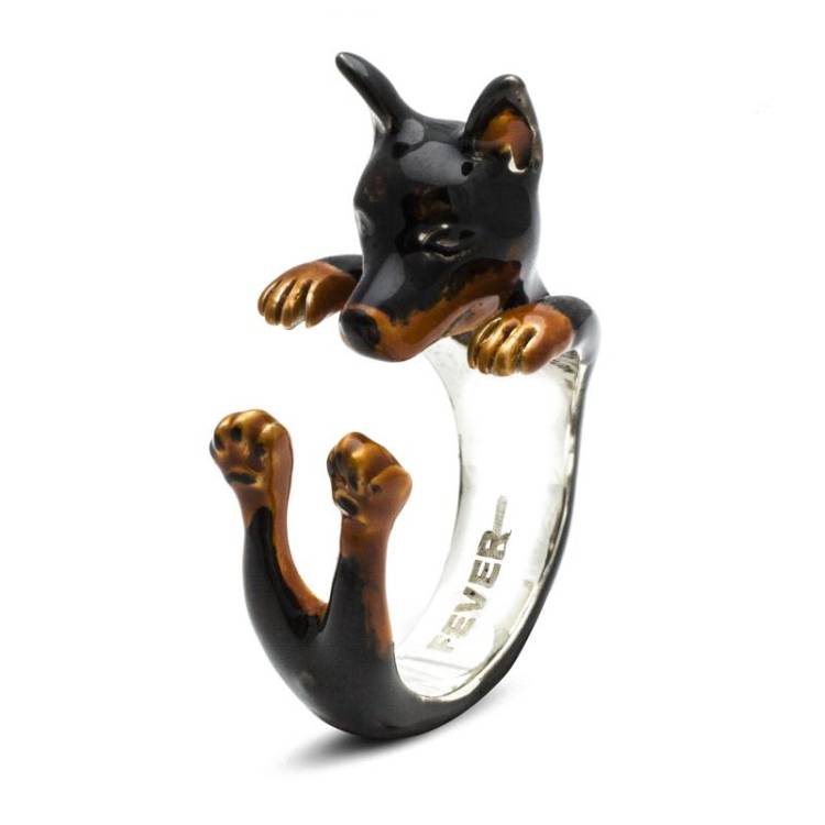 Dog Fever Sterling Silver Enamelled Pinscher Hug Ring - L Silver