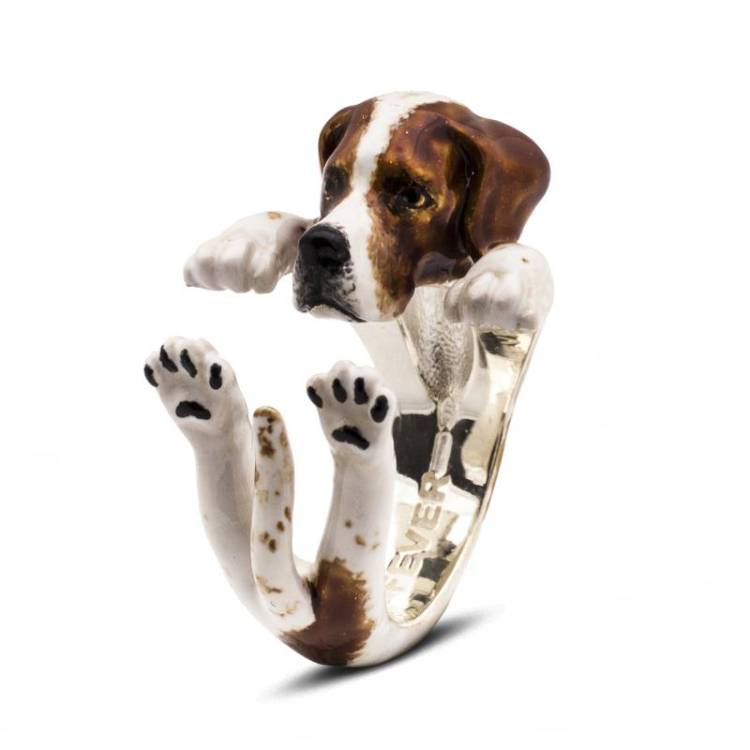 Dog Fever Sterling Silver Enamelled Pointer Hug Ring - XS Silver