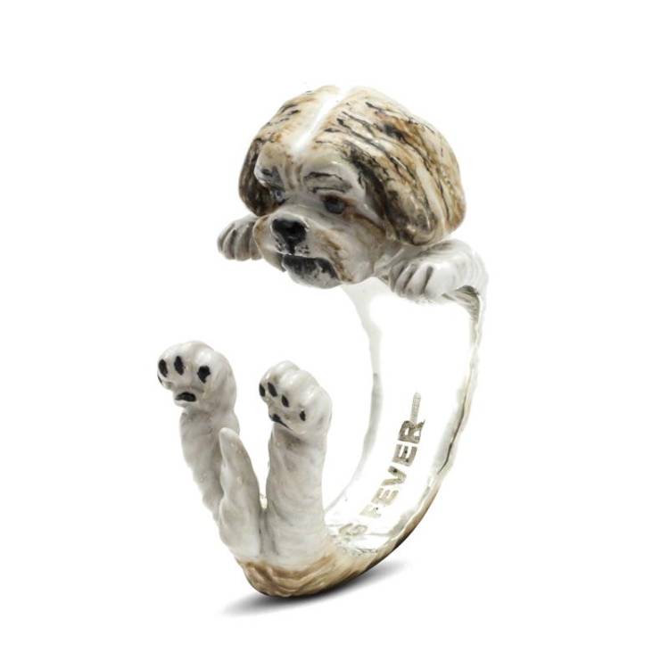 Dog Fever Sterling Silver Enamelled Shih Tzu Hug Ring - L Silver