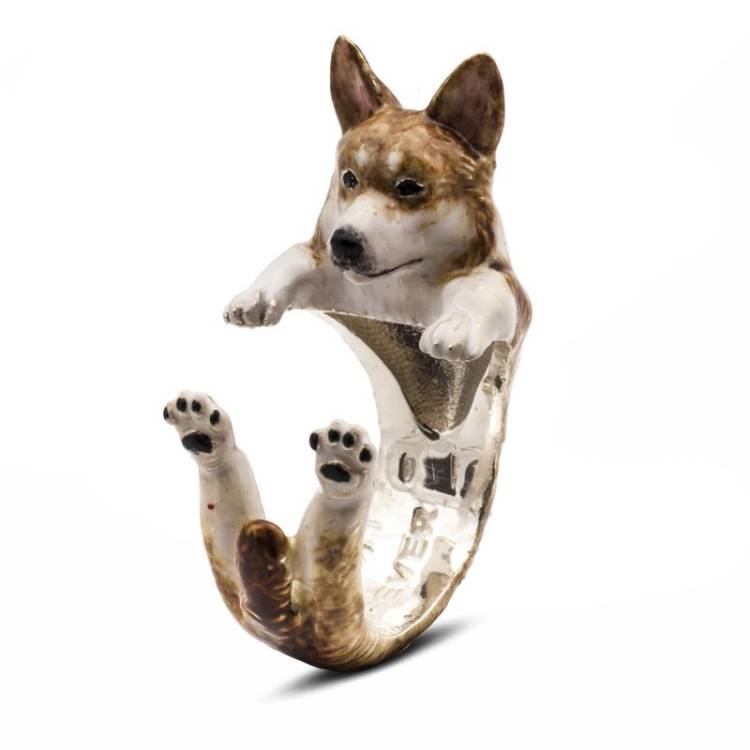 Dog Fever Sterling Silver Enamelled Welsh Corgi Pembroke Hug Ring - S Silver
