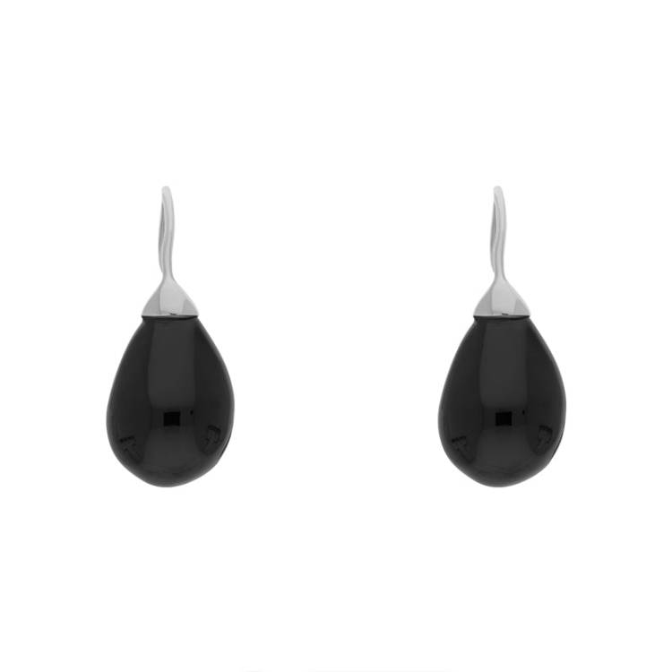 Sterling Silver Whitby Jet Oval Bead Hook Earrings - Silver