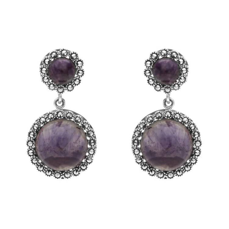 Sterling Silver Blue John Marcasite Round Double Drop Earrings - Silver