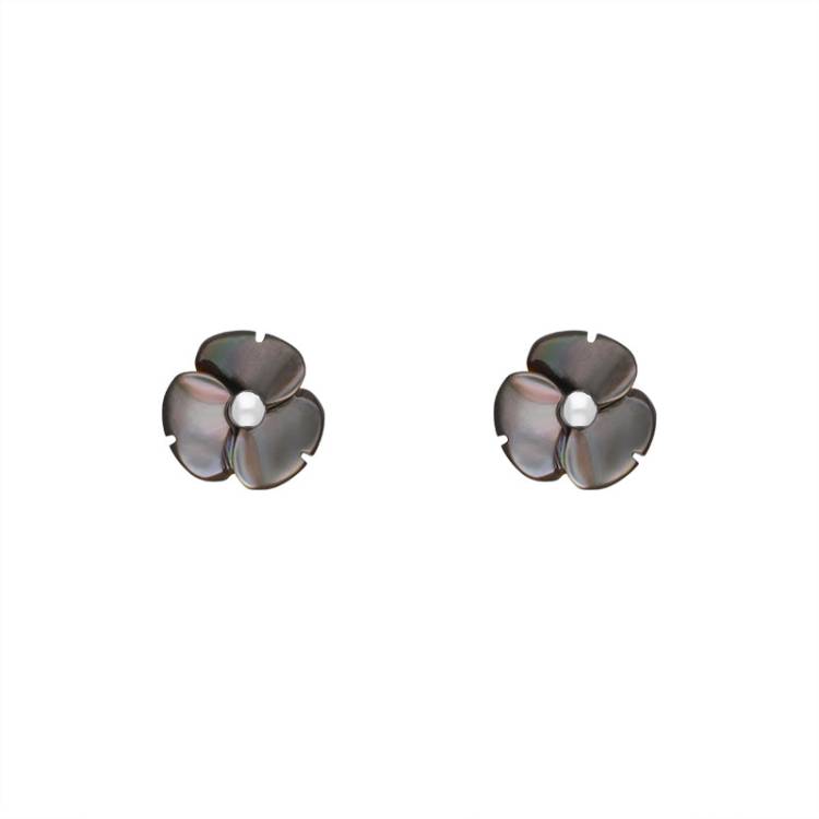 Sterling Silver Dark Mother of Pearl Tuberose 8mm Clover Stud Earrings - Silver