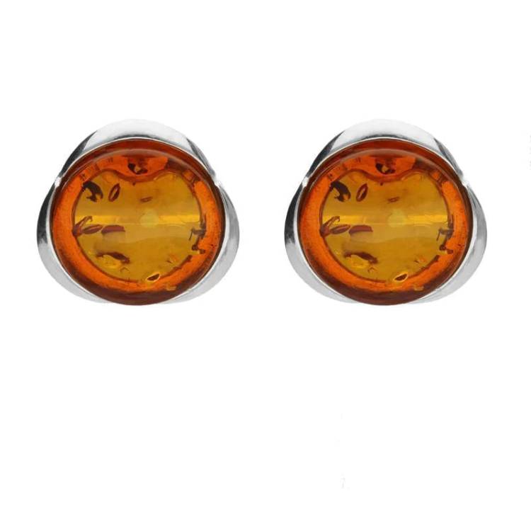 Sterling Silver Amber Round Tapered Edge Stud Earrings - Option1 Value Silver