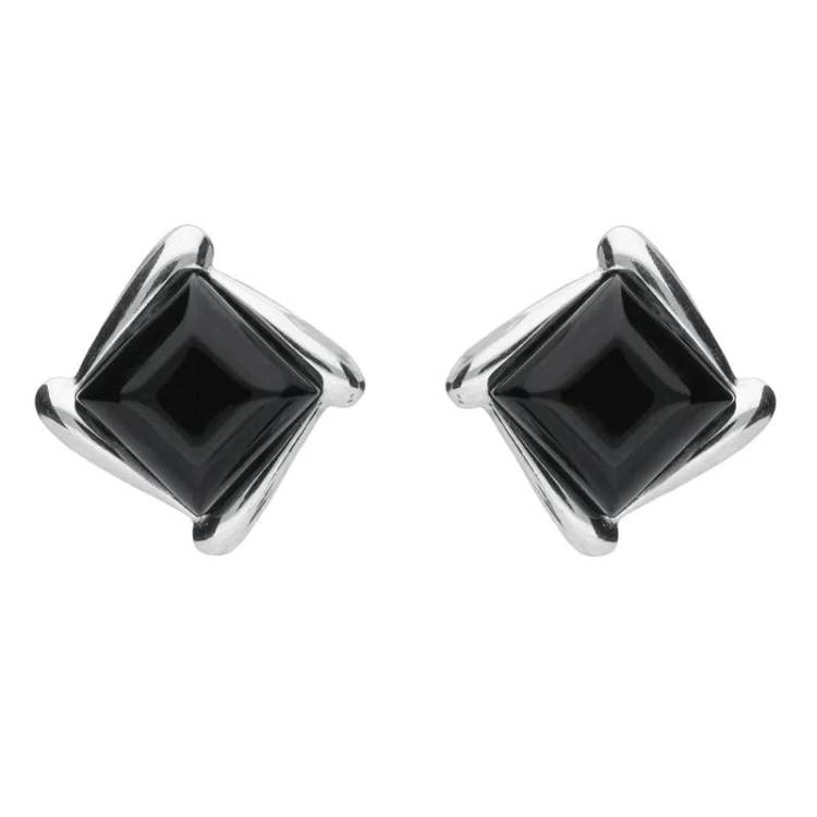 Sterling Silver Whitby Jet Square Wave Stud Earrings - Silver