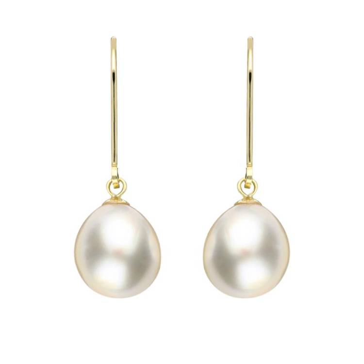 18ct Yellow Gold White Pearl 9mm Lever Back Drop Earrings