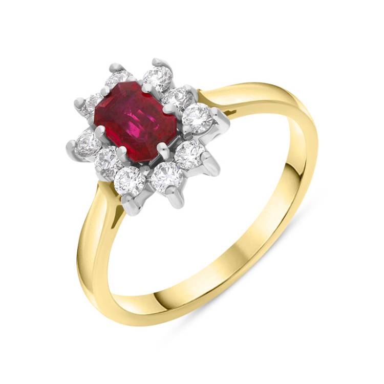 18ct Yellow Gold 0.46ct Ruby Diamond Emerald Cut Cluster Ring - Yellow Gold