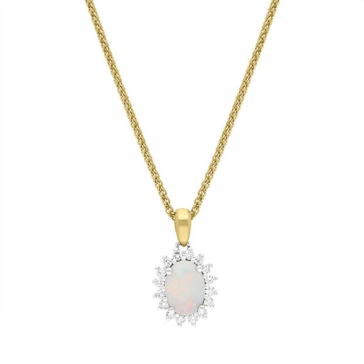 18ct Yellow and White Gold Opal Diamond Oval Cut Cluster Necklace