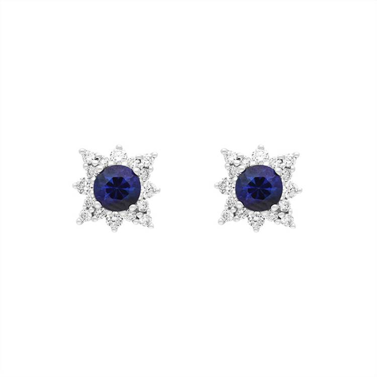 18ct White Gold Sapphire Diamond Round Cut Star Cluster Stud Earrings - Option1 Value White Gold