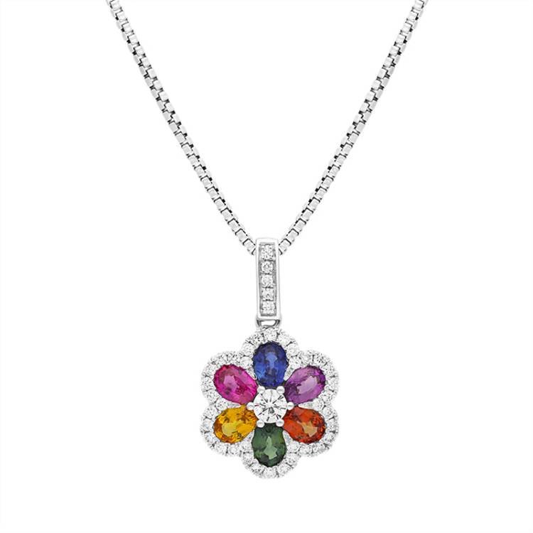 18ct White Gold Rainbow Sapphire 1.23ct Diamond Floral Cluster Necklace - Option1 Value White Gold
