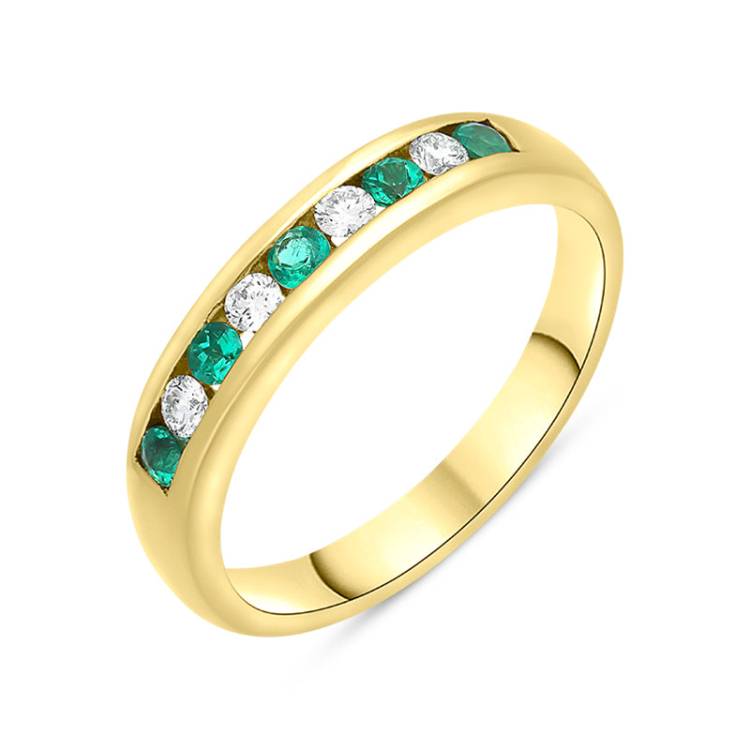 18ct Yellow Gold Emerald Diamond Half Eternity Ring - Yellow Gold