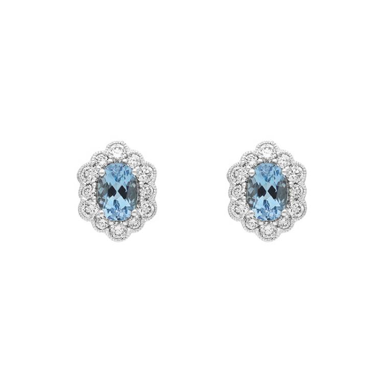 18ct White Gold 0.78ct Aquamarine Diamond Oval Cluster Stud Earrings - Option1 Value White Gold