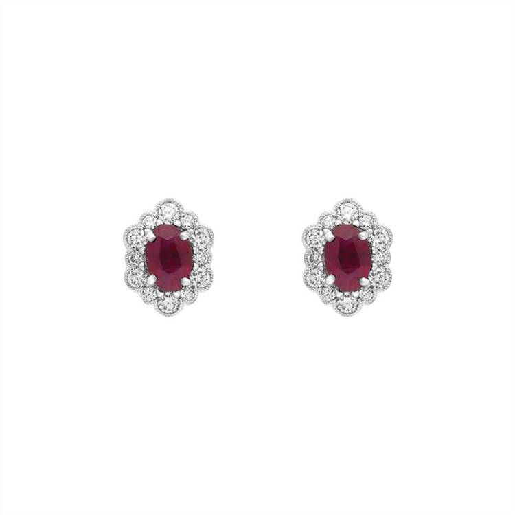 18ct White Gold Ruby Diamond Cluster Oval Stud Earrings - White Gold