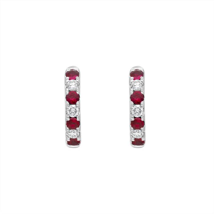 18ct White Gold Ruby Diamond Seven Stone Hoop Earrings - White Gold