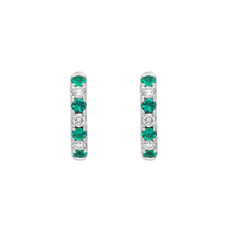 18ct White Gold Emerald Diamond Seven Stone Hoop Earrings - White Gold