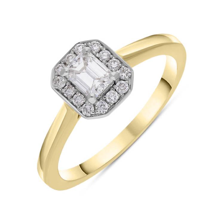 18ct Yellow Gold 0.49ct Diamond Emerald Cut Halo Ring