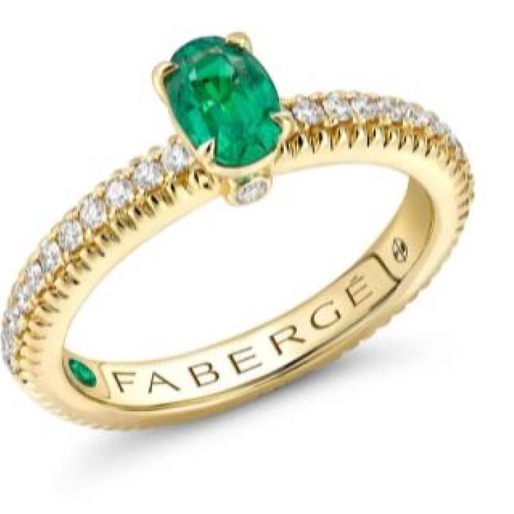 Faberge Colours of Love 18ct Yellow Gold Emerald Diamond Shoulder Set Fluted Ring - 51