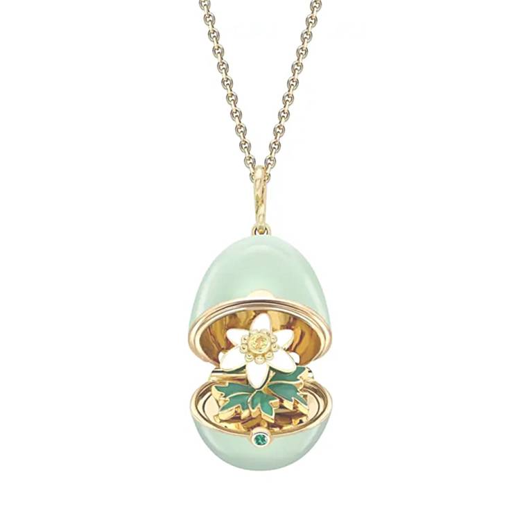 Faberge Essence 18ct Yellow Gold Emerald Sapphire Green Lacquer Anemone Surprise Locket