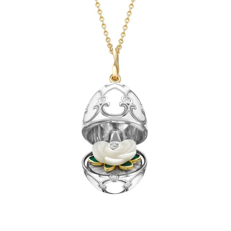 Faberge Heritage 18ct Gold White Enamel Locket with Mother of Pearl Flower Surprise - Gold
