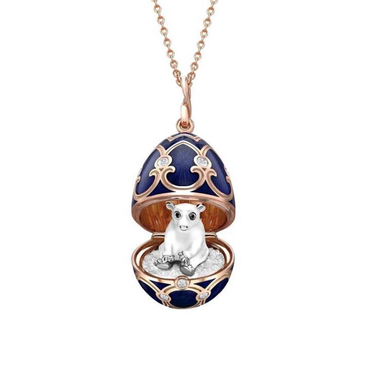Faberge Heritage Rose Gold Dark Blue Locket with Polar Bear Surprise