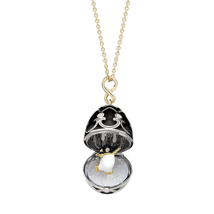 Faberge Heritage White and Yellow Gold Black Enamel Locket with Penguin Surprise