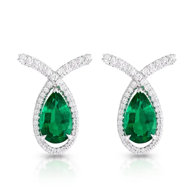 Faberge Treasures Cotillon 18ct White Gold Emerald Diamond Pear Cut Earrings