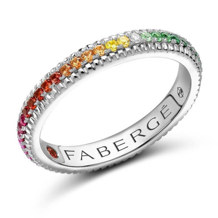 Faberge 18ct White Gold Multicolour Rainbow Fluted Band Ring - 54