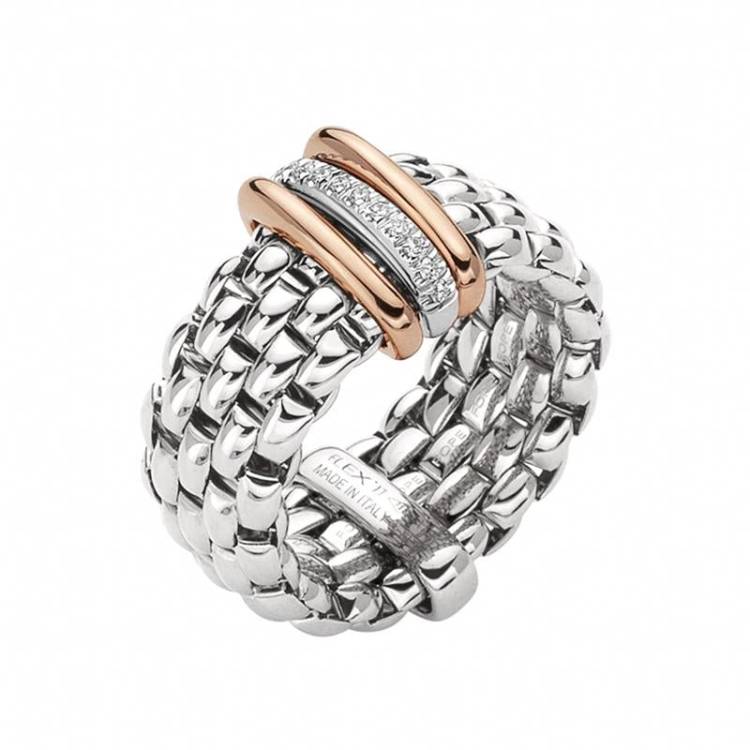 Fope Panorama 18ct White Gold 0.08ct Diamond Rose Gold Rondelle Ring - XL