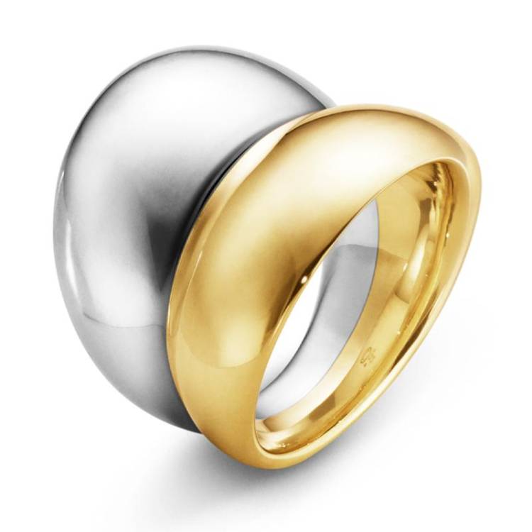 Georg Jensen Curve Sterling Silver 18ct Yellow Gold Ring - 58
