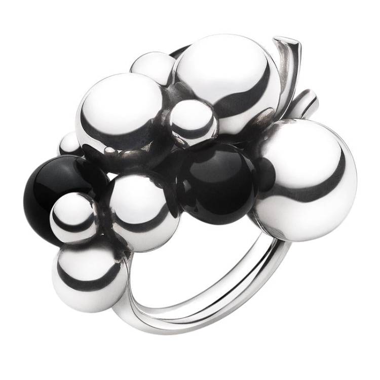 Georg Jensen Moonlight Grapes Sterling Silver Black Onyx Large Dress Ring D - 48